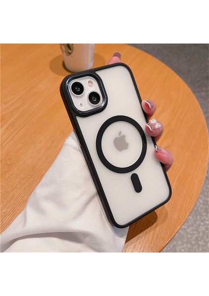 Apple iPhone 13 Kılıf Kamera Çıkıntılı Krom Metal Buton Wireless Şarj Magsafe Case