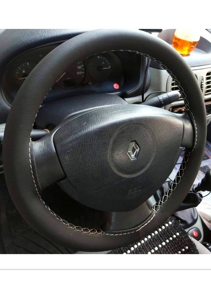 Renault Clio Uyumlu Direksiyon Kılıfı Dikmeli Beyaz Ipli (10.5cm)