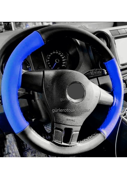 Renault Symbol 2013+ Deri Direksiyon Kılıfı Iki Renkli Mavi Siyah