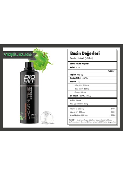 L-Karnitin 1000 ml 33+ Servis - Yeşil Elma Aromalı fiyatları