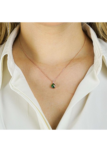 Damla Tasarımlı Zümrüt Yeşili Zirkon Taşlı 925 Ayar Gümüş Kadın Kolye Rose fiyatları