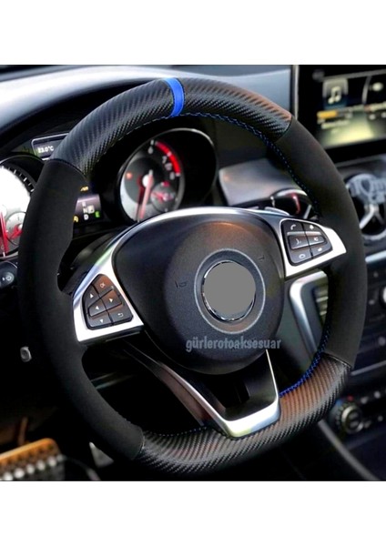 Fiat Doblo Direksiyon Kılıfı Dikmeli Alkantra-Karbon Mavi Yüzüklü modelleri