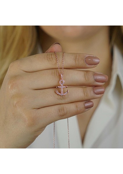 Çapa Tasarımlı Beyaz Zirkon Taşlı 925 Ayar Gümüş Kadın Kolye Rose