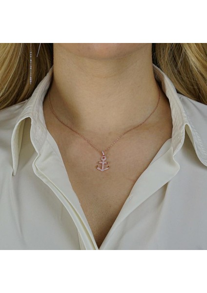 Çapa Tasarımlı Beyaz Zirkon Taşlı 925 Ayar Gümüş Kadın Kolye Rose fiyatları