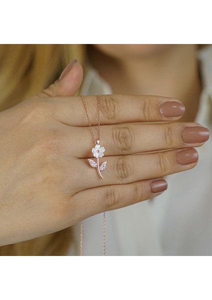 Özel Tasarım Sedef Çiçek Gümüş Kolye Rose