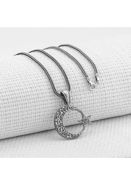 Ayyıldız Tasarımlı Kelime-I Tevhid Yazılı 925 Ayar Gümüş Kolye