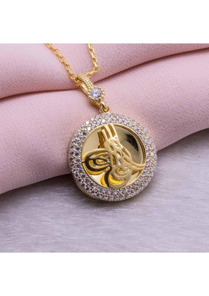 925 Ayar Gümüş Altın Kaplama Tuğralı Yuvarlak Kolye Model 8 fiyatları