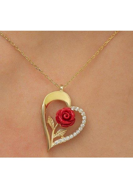 Özel Tasarım Altın Kaplama Kalp Içinde Gül Detaylı 925 Ayar Gümüş Kolye Gold Renk