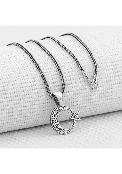 Ayyıldız Tasarımlı Desenli 925 Ayar Gümüş Erkek Kolye