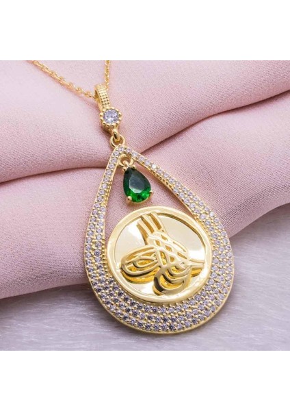 925 Ayar Gümüş Altın Kaplama Tuğralı Damla Kolye Model 4 fiyatları