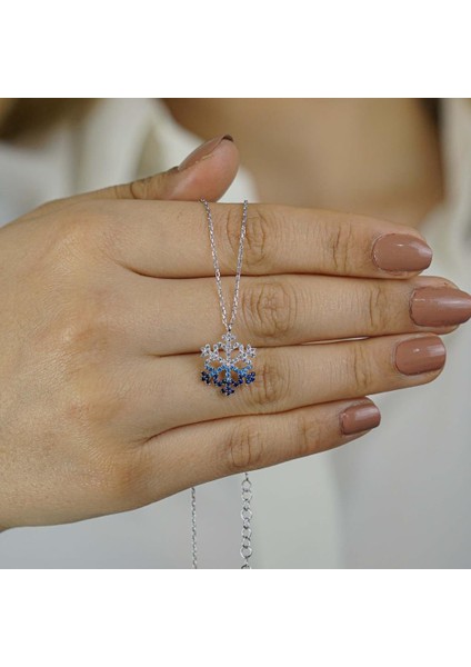 Özel Tasarım Renk Geçişli Nano Taşlı Kar Tanesi Gümüş Kolye