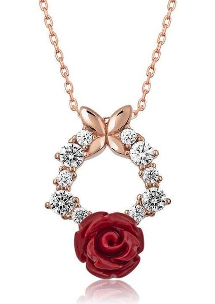 Şık Gül ve Kelebek Tasarımlı 925 Ayar Gümüş Kolye