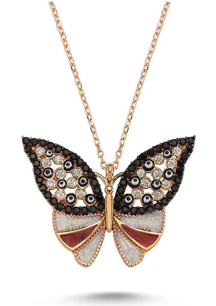 Özel Işçilikli Siyah Nano Taşlı Mineli Gümüş Kelebek Kolye Rose Renk