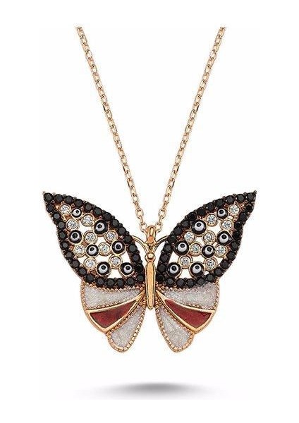 Özel Işçilikli Siyah Nano Taşlı Mineli Gümüş Kelebek Kolye Rose Renk fiyatları