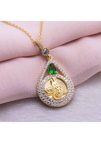 925 Ayar Gümüş Altın Kaplama Tuğralı Damla Kolye Model 6