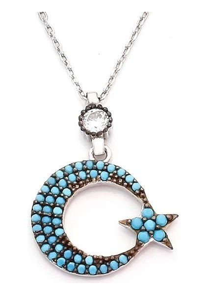 Turkuaz Nano Taşlı Ayyıldız Model Bayan Gümüş Kolye