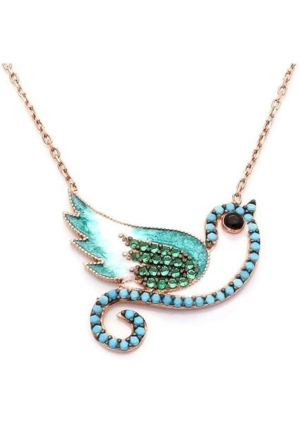 Turkuaz Nano Taşlı Kuş Motifli Bayan Gümüş Kolye