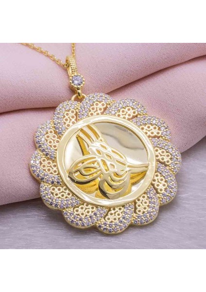 925 Ayar Gümüş Altın Kaplama Tuğralı Yuvarlak Kolye Model 1