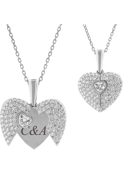 Kalp Tasarımlı Isim Harf Yazılabilir Açılıp Kapanabilir 925 Ayar Gümüş Kadın Kolye