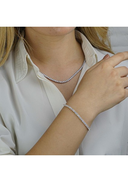 Yuvarlak Pırlanta Tasarımlı 925 Ayar Gümüş Su Yolu Kolye Bileklik Set 2.5 mm