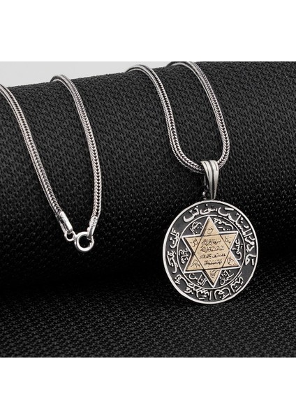 Özel Tasarım Mührü Süleyman Gümüş Kolye Kalın Zincirli 60 cm