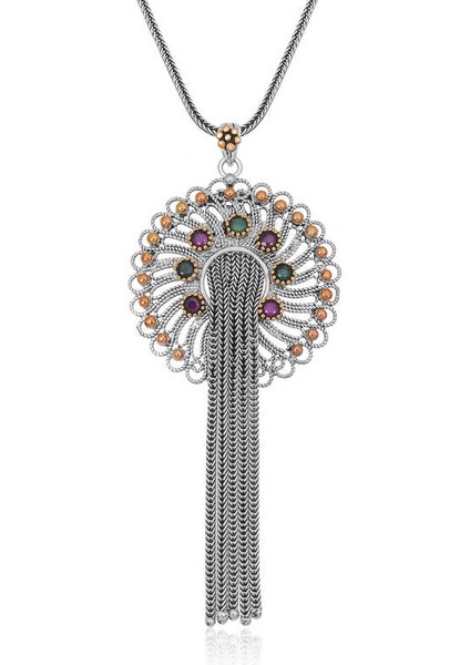 Gümüş Telkari Yakut Zümrüt Renkli Taşlı Kadın Kolye