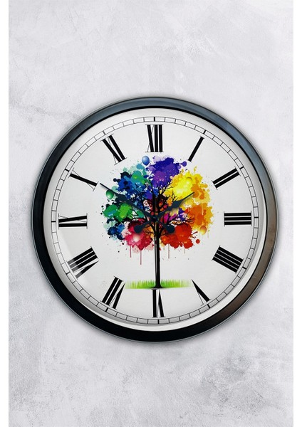 40 cm Siyah Metal Renkli Ağaç Duvar Saati