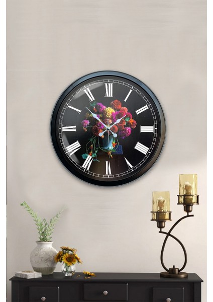 40 cm Siyah Metal Vazolu Çiçek Duvar Saati