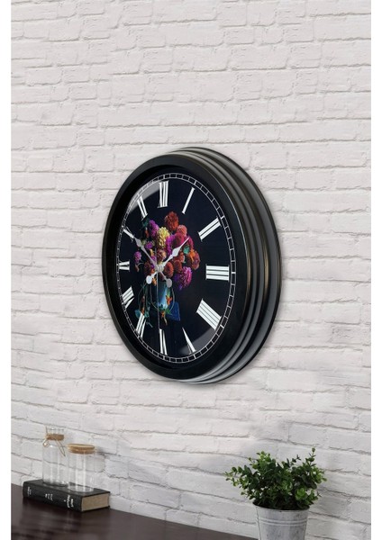 40 cm Siyah Metal Vazolu Çiçek Duvar Saati