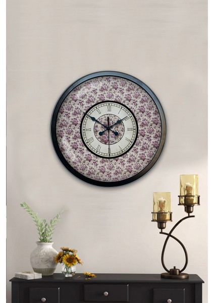 40 cm Siyah Metal Mor Çiçek Duvar Saati