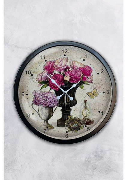 40 cm Siyah Metal Pembe Çiçek Duvar Saati
