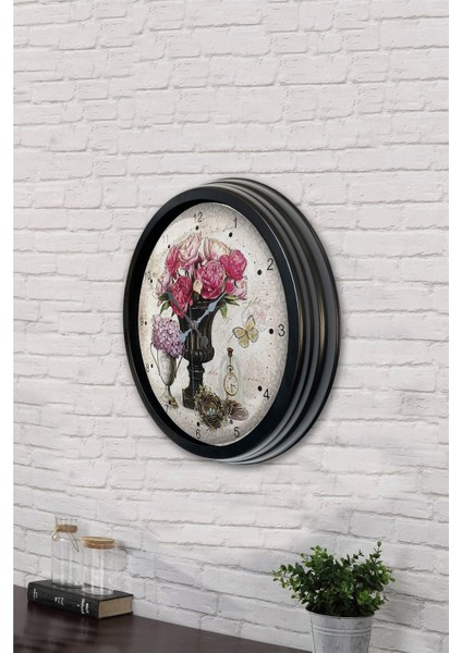 40 cm Siyah Metal Pembe Çiçek Duvar Saati