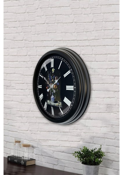 40 cm Siyah Metal Vazolu Çiçek Duvar Saati