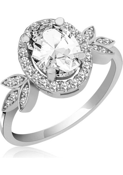 Gümüş Beyaz Oval Taşlı Bayan Yüzük