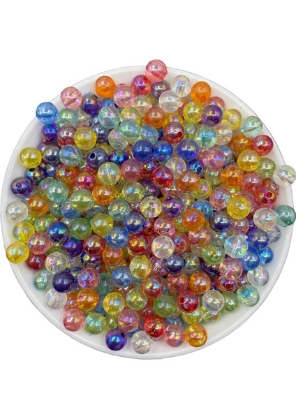 8mm Şefaf Karışık Renkli Janjanlı Akrilik Boncuk,parlak Takı, Çanta Yapım Boncuğu (50GR,~170 Adet)