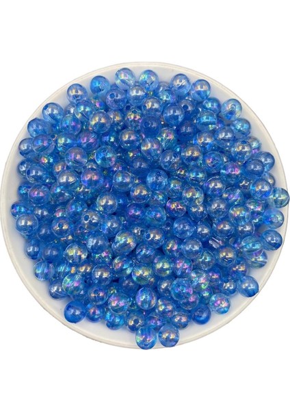 8mm Mavi Renk Janjanlı Akrilik Top Boncuk,parlak Takı, Çanta Yapım Boncuğu (50GR,~170 Adet)