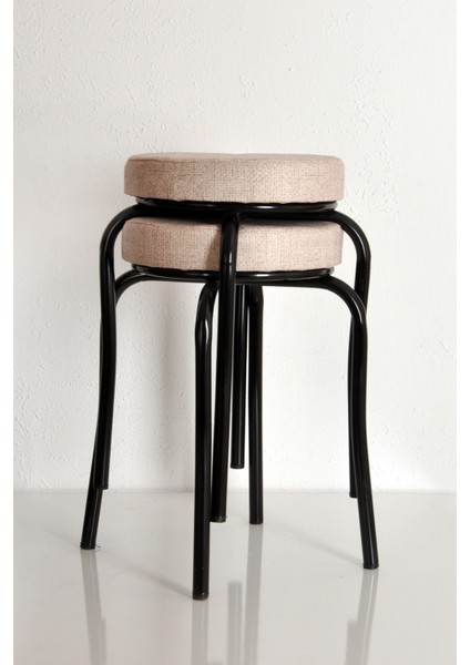 2 Adet Desenli Krem Renk Kumaş Siyah Profil Demir Tabure Mutfak Taburesi