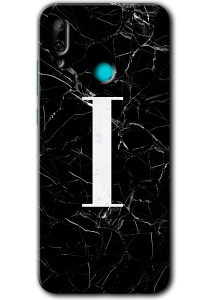 Huawei P Smart 2019 Kılıf Hd Desen Baskılı Arka Kapak + Temperli Cam - Siyah Mermer Desenli I Harfi