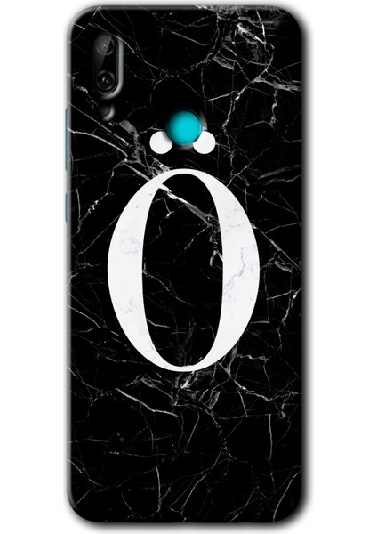 Huawei P Smart 2019 Kılıf Hd Desen Baskılı Arka Kapak + Temperli Cam - Siyah Mermer Desenli Ö Harfi