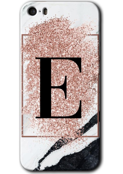 Apple iPhone 5s Kılıf Hd Desen Baskılı Arka Kapak + Temperli Cam - Pembe Mermer Desenli E Harfi