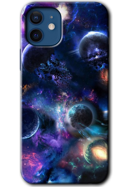 Apple iPhone 12 Mini Kılıf Hd Desen Baskılı Arka Kapak + Temperli Cam - Gezegen Karışımı