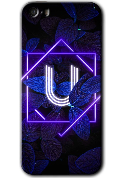 Apple iPhone 5s Kılıf Hd Desen Baskılı Arka Kapak + Temperli Cam - Dark Neon Yaprak U Harfi