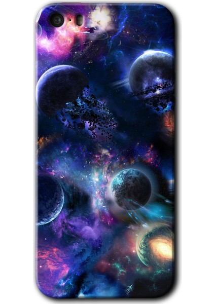 Apple iPhone 5s Kılıf Hd Desen Baskılı Arka Kapak + Temperli Cam - Gezegen Karışımı