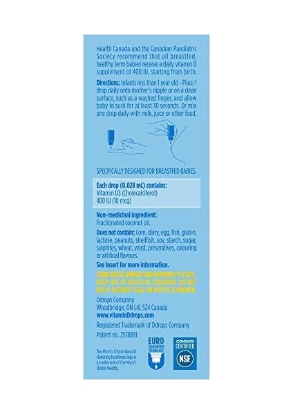 Ddrops, Bebek, Likit Vitamin D3, 400 Iu, 60 Damla, 0.08 Fl Oz (2.5 Ml)