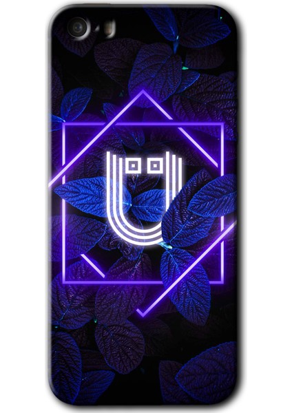 Apple iPhone 5s Kılıf Hd Desen Baskılı Arka Kapak + Temperli Cam - Dark Neon Yaprak Ü Harfi