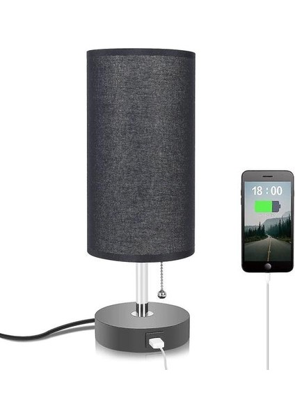 Lambalar Masa Lambası USB Şarj Limanı Başucu Gecelik Lamba Siyah Kumaş Abajur(Yurt Dışından)