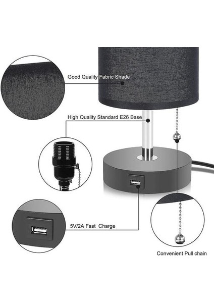 Lambalar Masa Lambası USB Şarj Limanı Başucu Gecelik Lamba Siyah Kumaş Abajur(Yurt Dışından)
