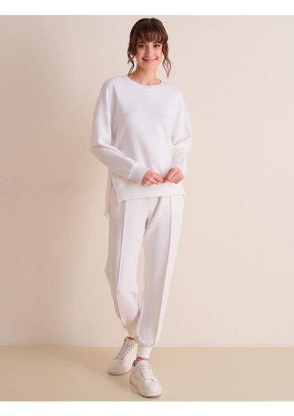 Beyaz Yüksek Bel Beli Bağlamalı Ribanalı Jogger Pantolon