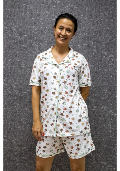 Pamuklu Baskılı Düğmeli Pijama Takımı