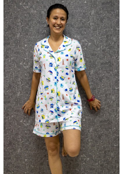 Pamuklu Baskılı Düğmeli Pijama Takımı fiyatları